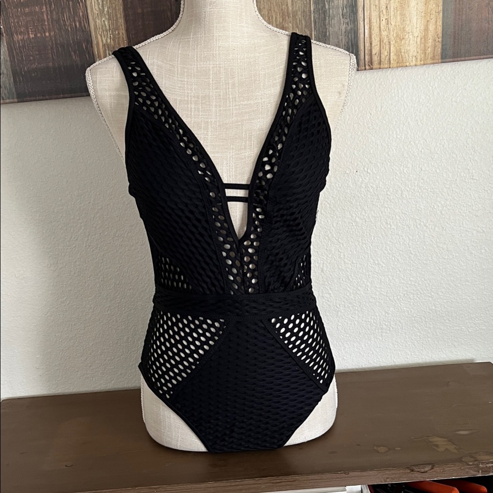 Becca Black Mesh One-Piece Swimsuit warehouse sample